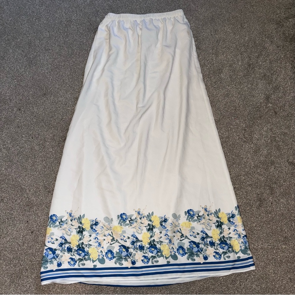 Abercrombie & Fitch Faux Silk White Maxi Skirt w/ Blue and Yellow Floral Design